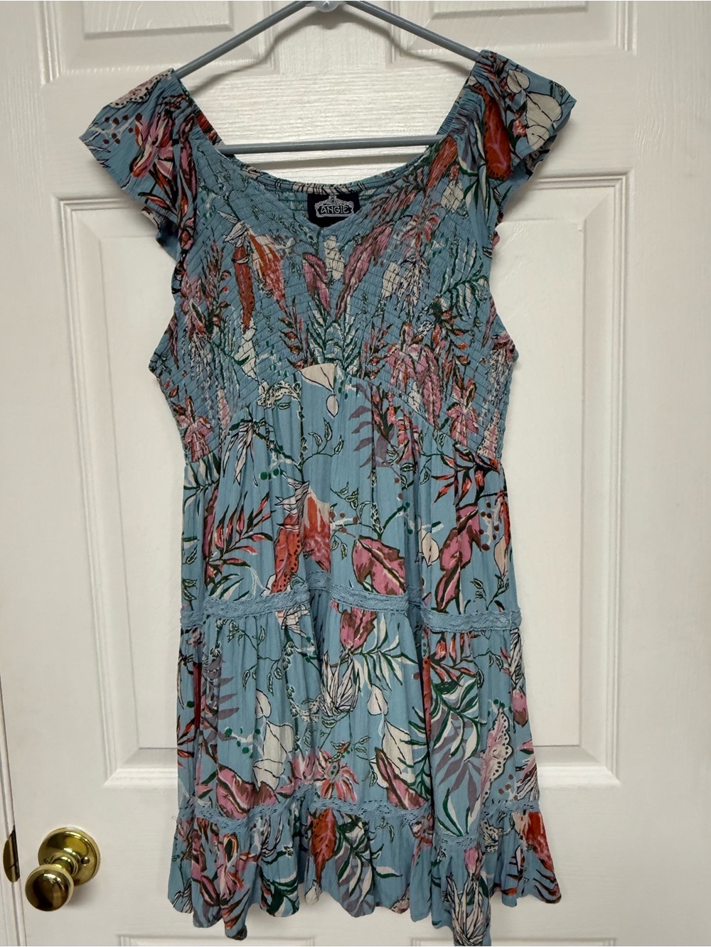 Angie Blue Floral Smocked Cap-Sleeve Mini Dress Large - Picture 3 of 6